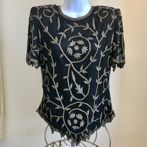 Vintage Tops - 80s Vintage Kazar silk beaded top deadstock